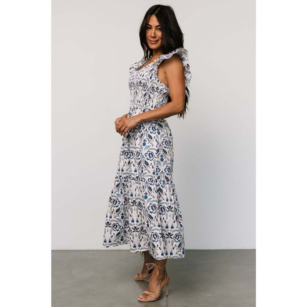 Baltic Born Rhodes Smocked Dress | White + Blue Print Size XL - Picture 3 of 5